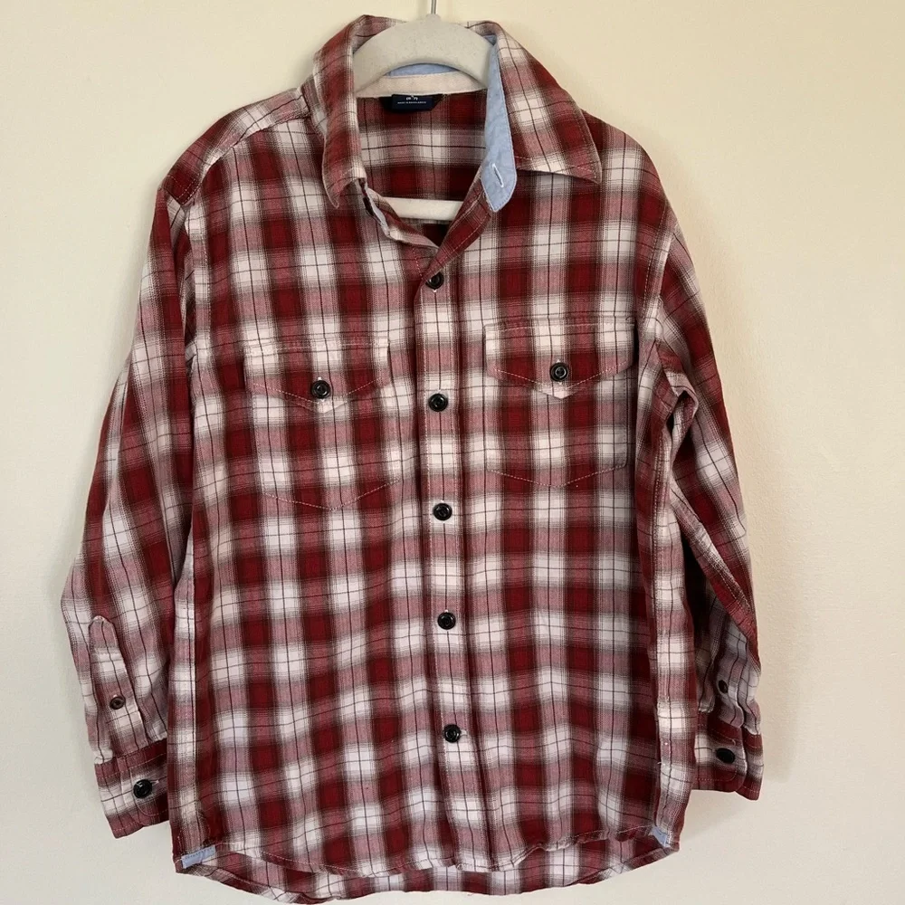 - GapKids boys maroon red/white plaid button down long sleeve shirt, size 6